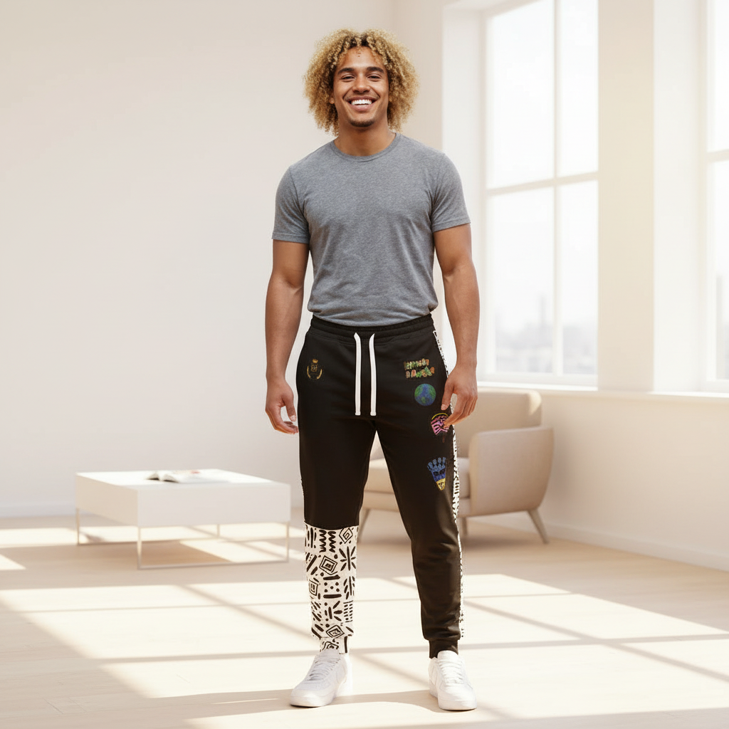 Handcrafted Afro Music Cartoon Art Athletic Joggers, Unisex Sweatpants, African Dance Jogging Pants