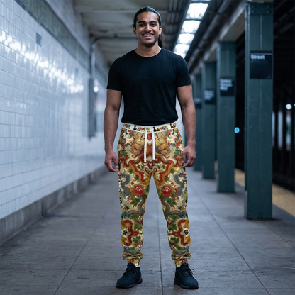 Vibrant Floral Dragon Print Athletic Joggers, Comfortable Sweatpants for Gym