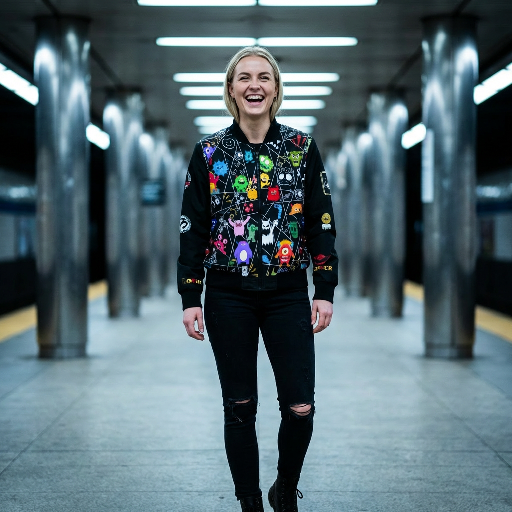 Monster Themed Cartoon Colorful Graphic Women's Jacket, Trendy Outerwear