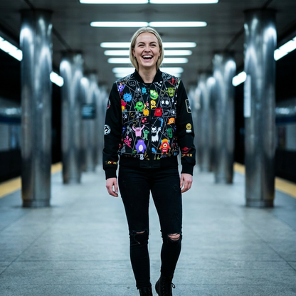 Monster Themed Cartoon Colorful Graphic Women's Jacket, Trendy Outerwear