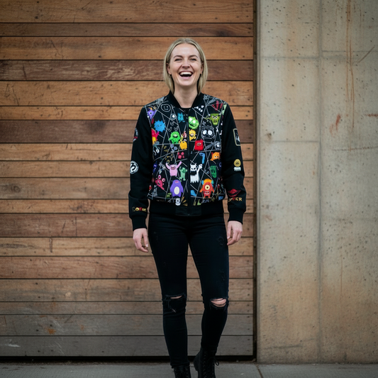 Monster Themed Cartoon Colorful Graphic Women's Jacket, Trendy Outerwear