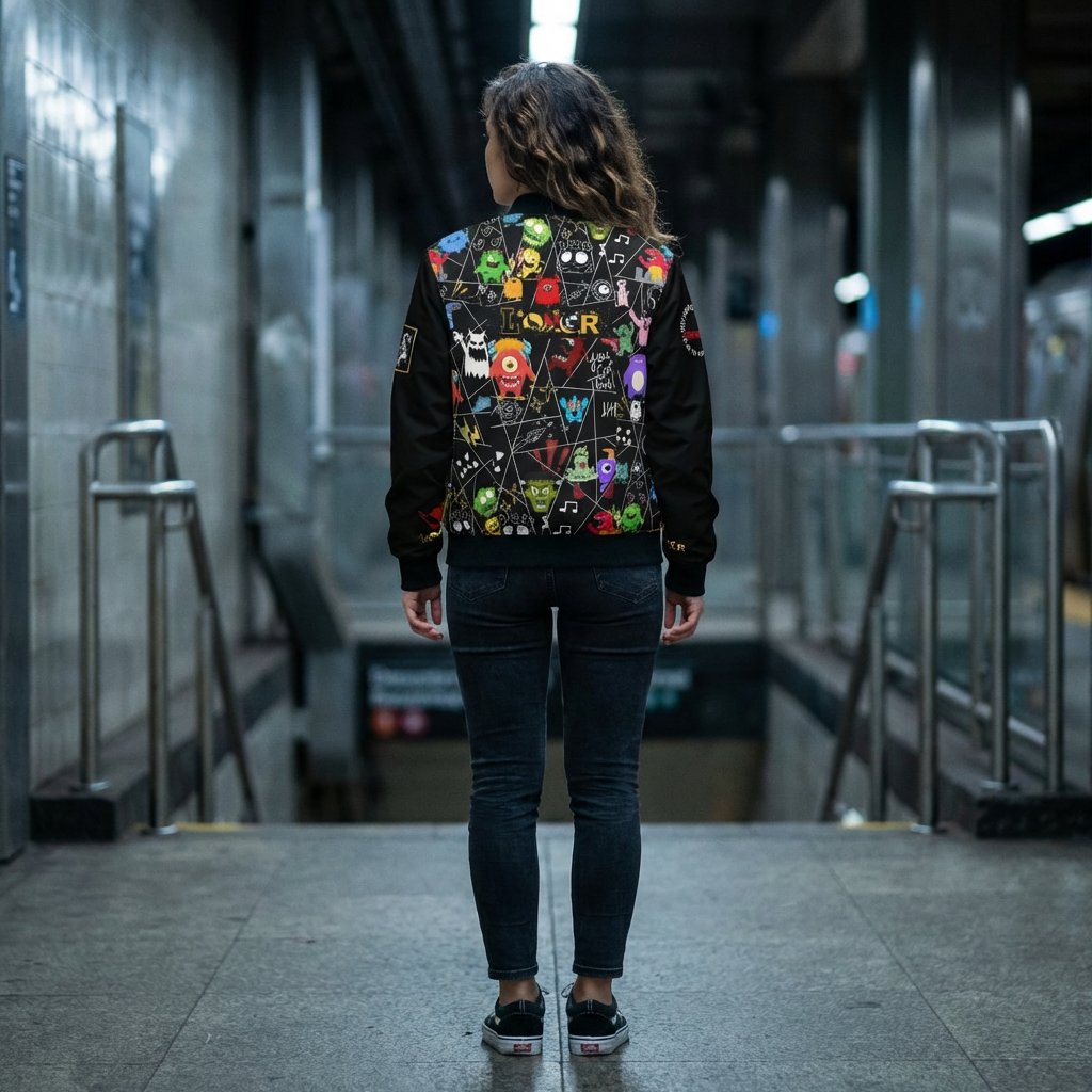 Monster Themed Cartoon Colorful Graphic Women's Jacket, Trendy Outerwear