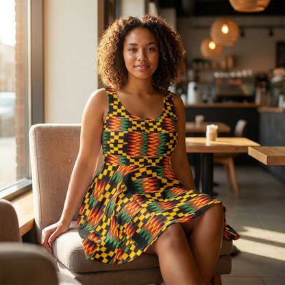 Kente Print Skater Dress — African-Inspired Bold Pattern Sundress
