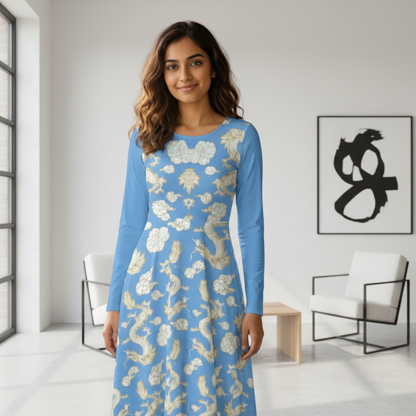 Beautiful Dragon Print Long Sleeve Dance Dress | Boho Style, Dance Wear, Vintage Inspired