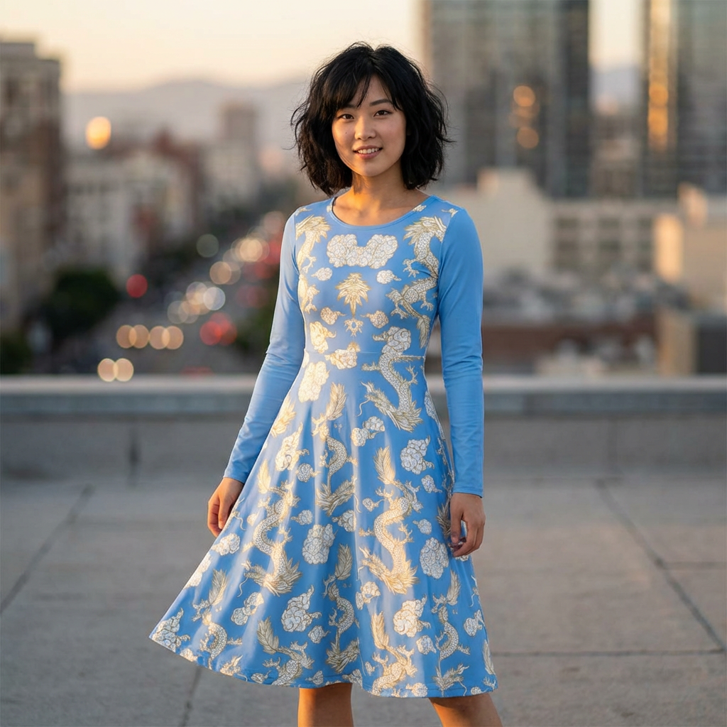 Beautiful Dragon Print Long Sleeve Dance Dress | Boho Style, Dance Wear, Vintage Inspired