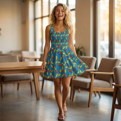 Tropical Leaf Skater Dress — Bright Blue All-Over Print Women's Dress