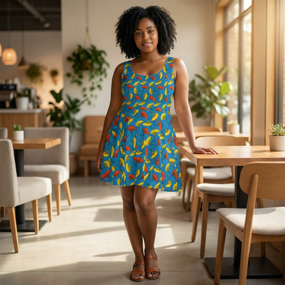 Tropical Leaf Skater Dress — Bright Blue All-Over Print Women's Dress