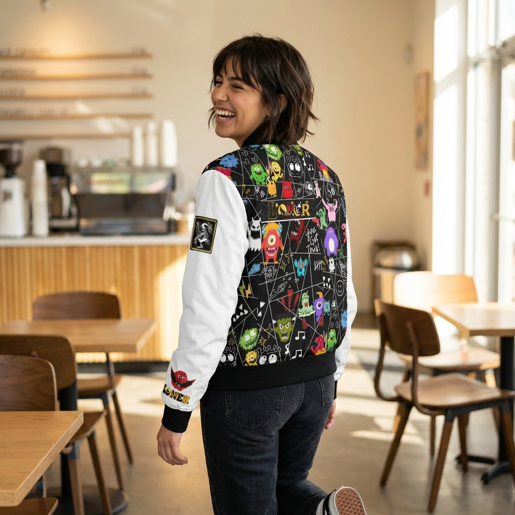 Monster Themed Cartoon Colorful Graphic Women's Jacket, Trendy Outerwear