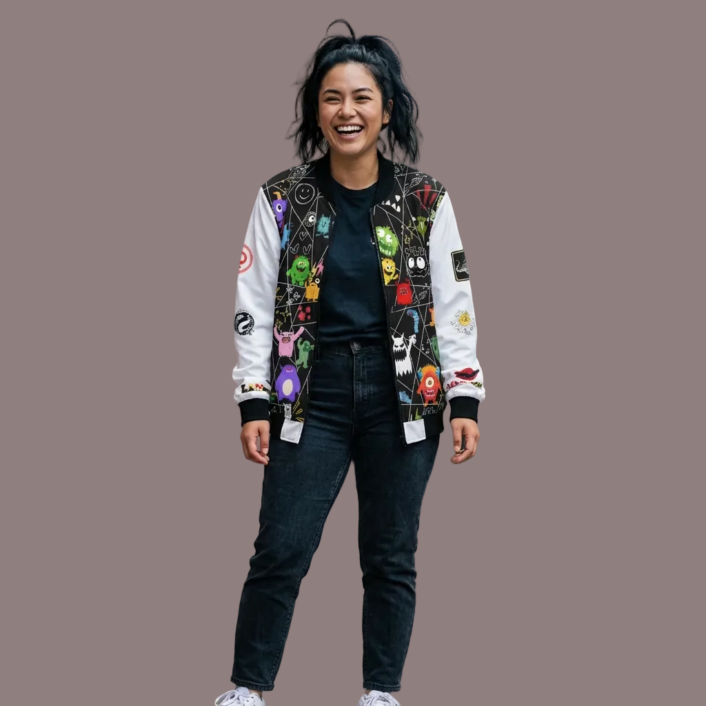 Monster Themed Cartoon Colorful Graphic Women's Jacket, Trendy Outerwear