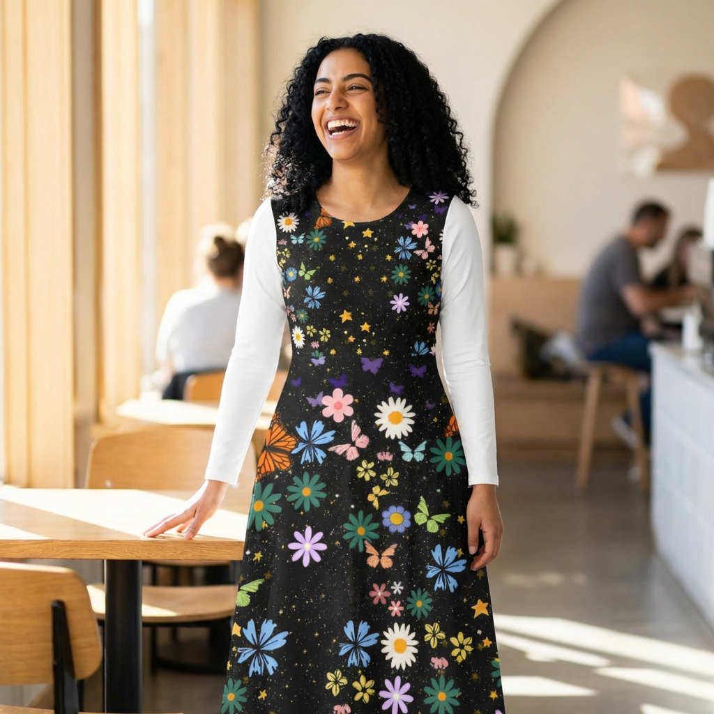 Celestial Floral Long Sleeve Dance Dress - Perfect for Parties, Events, Spring Celebrations