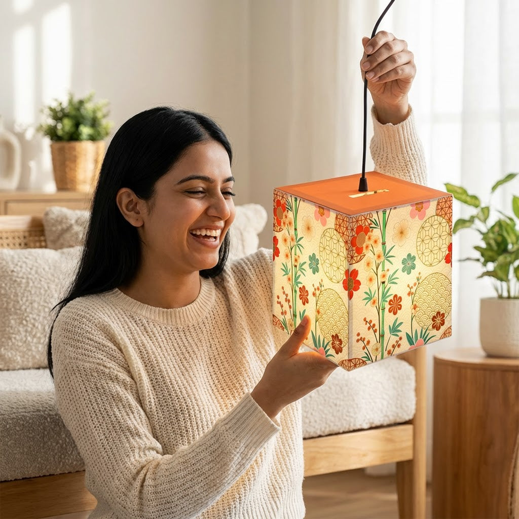 Japanese Floral Cube Lamp — Vintage Sakura Pattern Light Cube