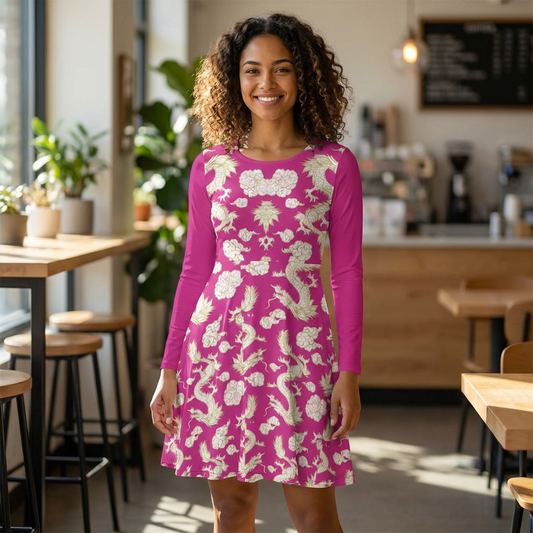 Pink Floral & Gragon Print Long Sleeve Dance Dress | Boho Style, Vintage Inspired