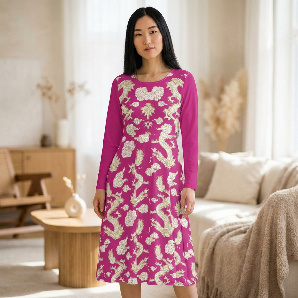 Pink Floral & Gragon Print Long Sleeve Dance Dress | Boho Style, Vintage Inspired