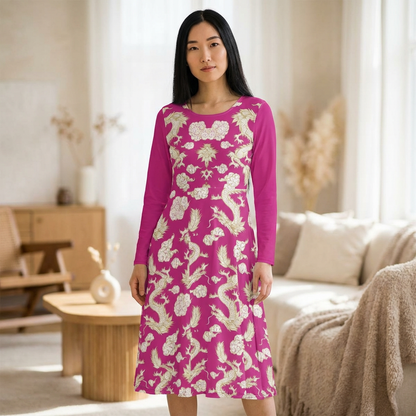 Pink Floral & Gragon Print Long Sleeve Dance Dress | Boho Style, Vintage Inspired