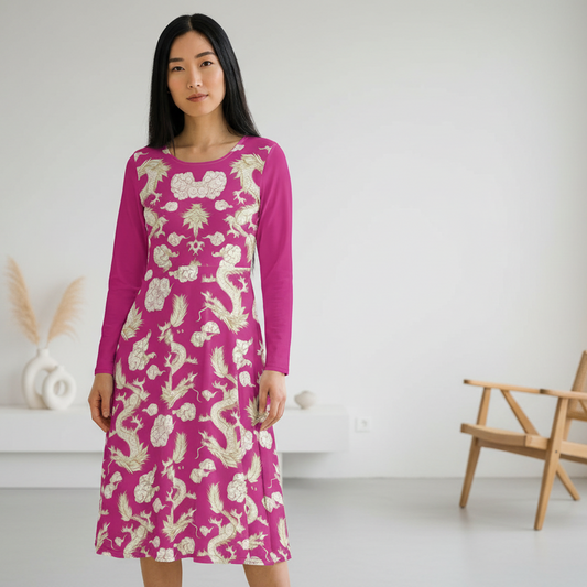 Pink Floral & Gragon Print Long Sleeve Dance Dress | Boho Style, Vintage Inspired