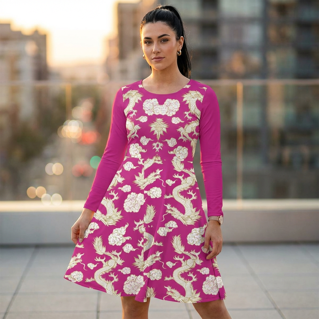 Pink Floral & Gragon Print Long Sleeve Dance Dress | Boho Style, Vintage Inspired