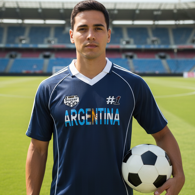 Argentina Flag Themed Graphic Shadow Stripe Collared Unisex Soccer Jersey