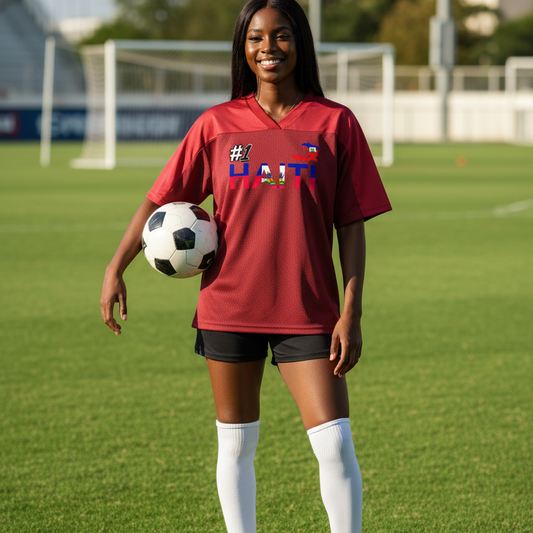 Oversized Unisex V-Neck Soccer Jersey Featuring a Haiti Flag-Inspired Mesh Design