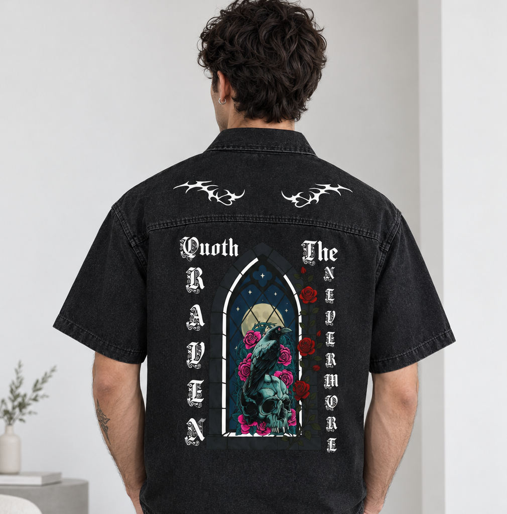 Quoth The Raven Graphic Unisex Vintage Wash Boxy Quarter-Zip Denim Shirt