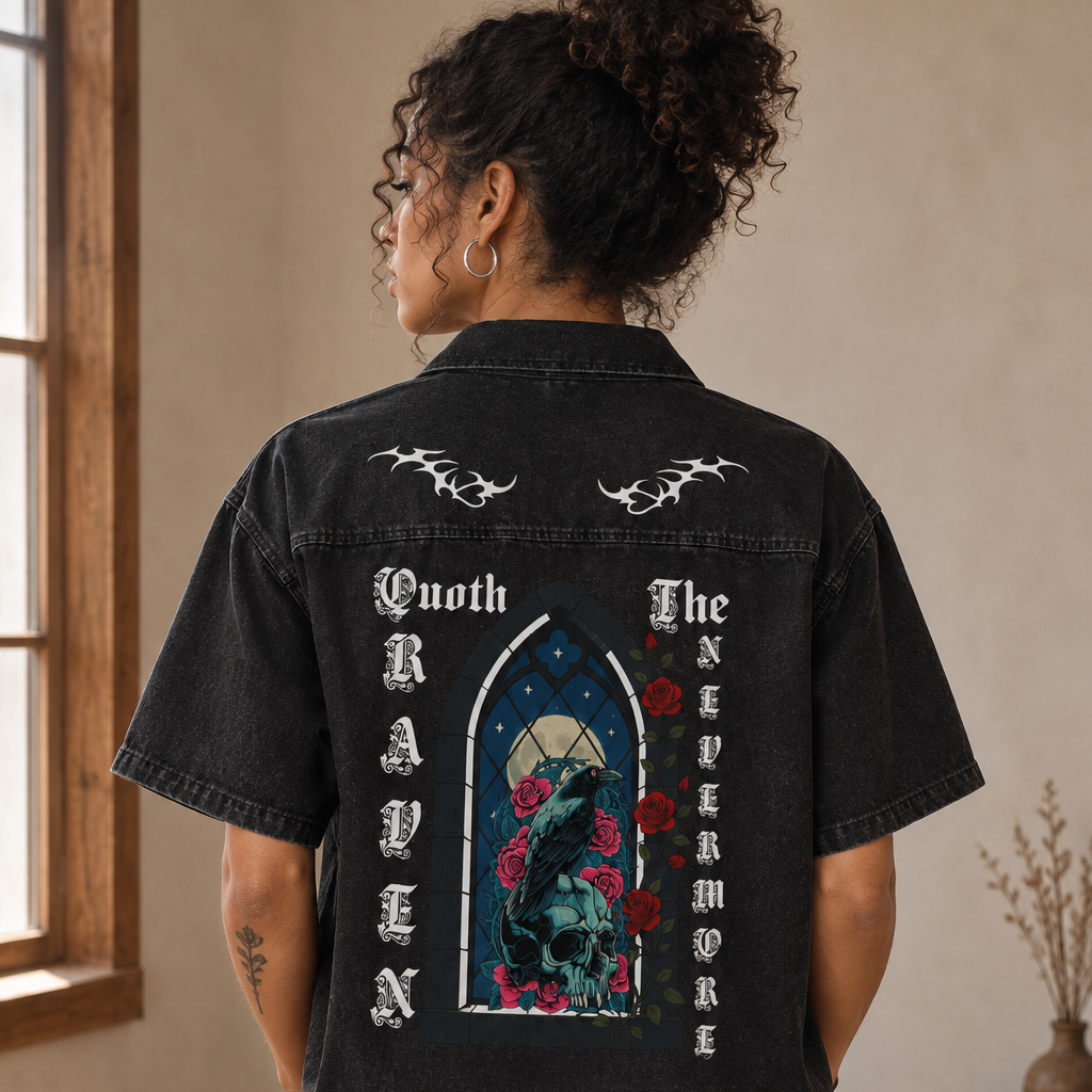 Quoth The Raven Graphic Unisex Vintage Wash Boxy Quarter-Zip Denim Shirt