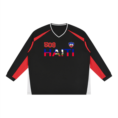 Haiti Flag Themed Graphic Unisex Color Block Long Sleeve Jersey