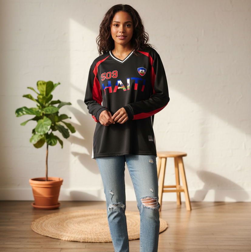 Haiti Flag Themed Graphic Unisex Color Block Long Sleeve Jersey