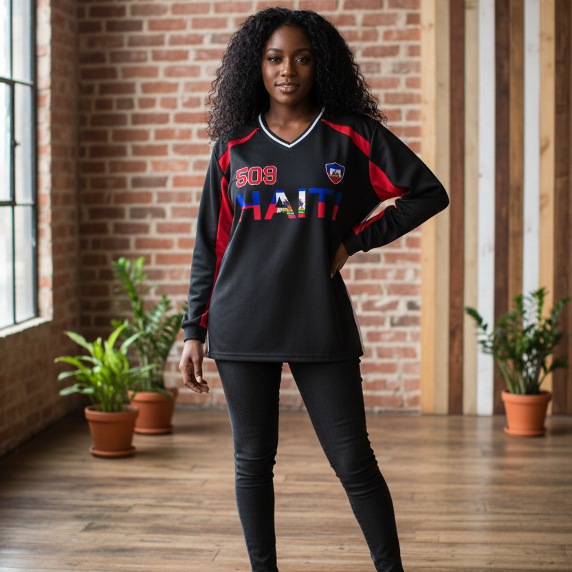 Haiti Flag Themed Graphic Unisex Color Block Long Sleeve Jersey