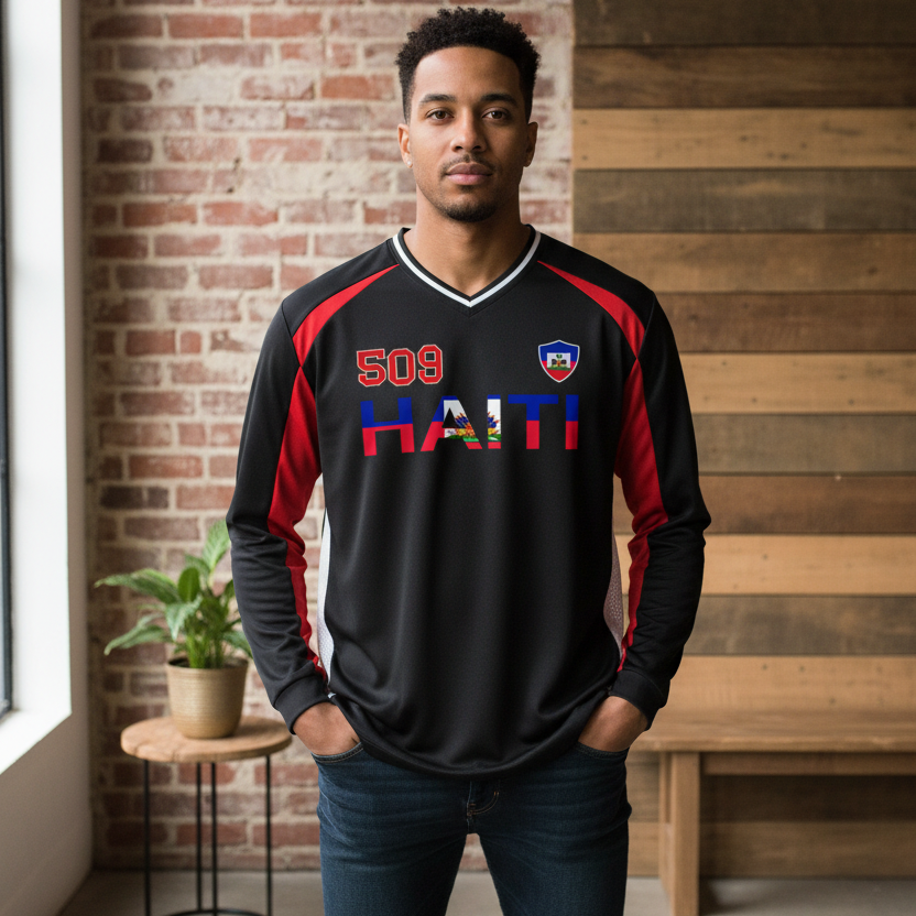 Haiti Flag Themed Graphic Unisex Color Block Long Sleeve Jersey
