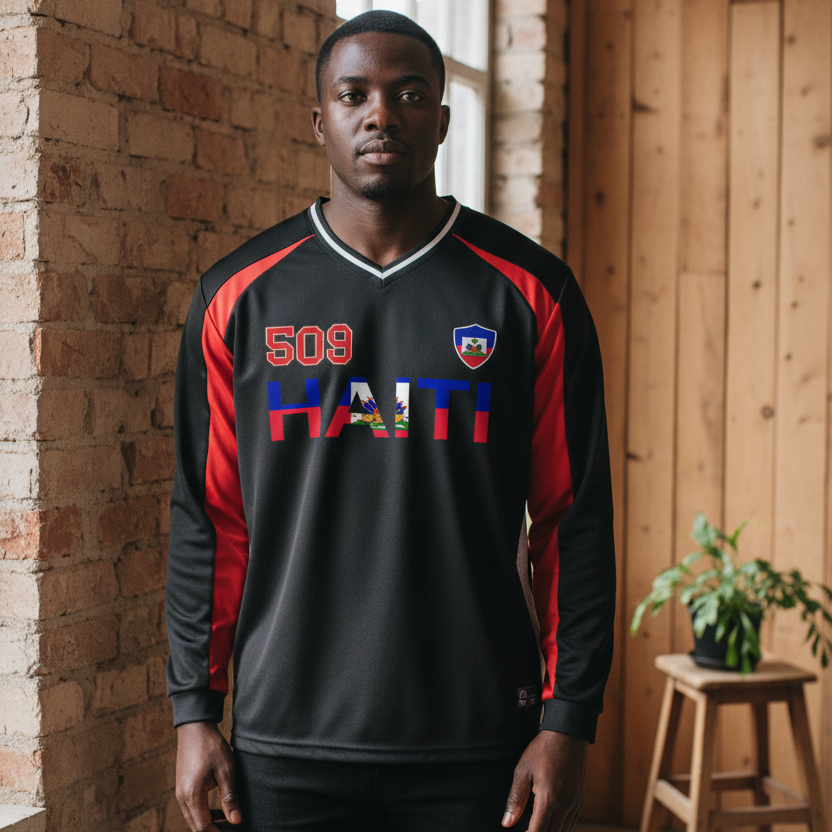 Haiti Flag Themed Graphic Unisex Color Block Long Sleeve Jersey