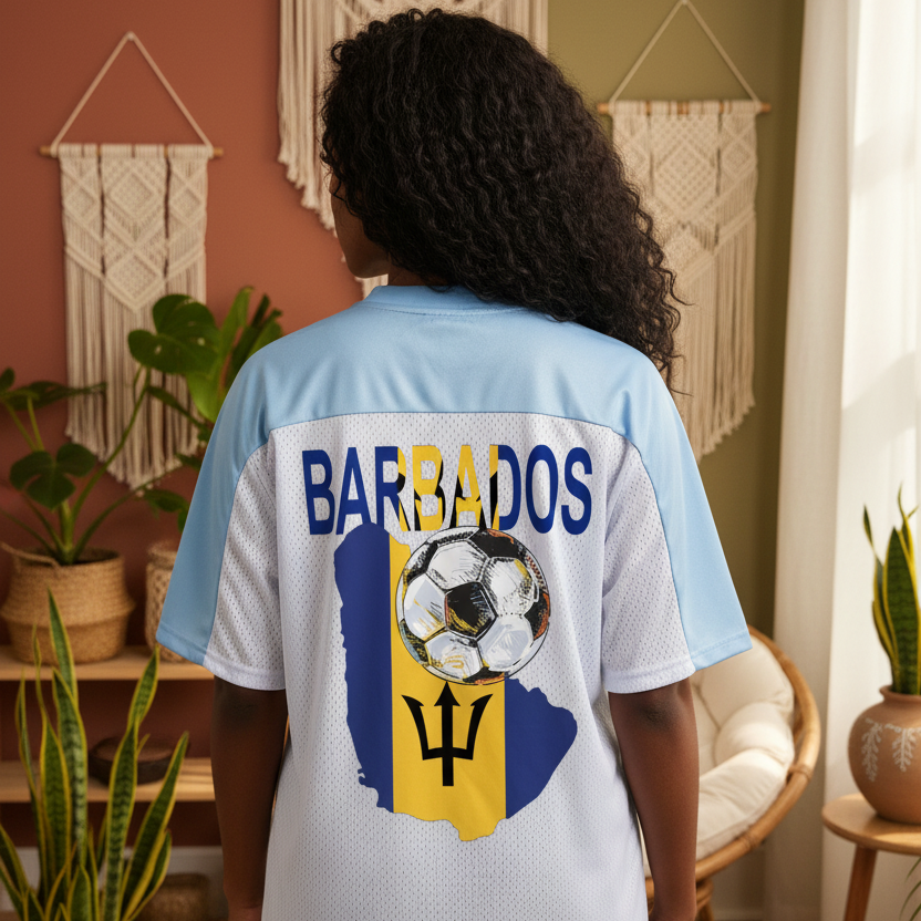 Barbados Flag Themed Unisex Oversized Mesh V-Neck Soccer Jersey