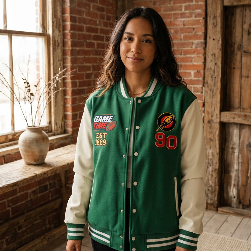 Fall and Football Themed GrahicTwo-Tone Fleeced Varsity Unisex Jacket