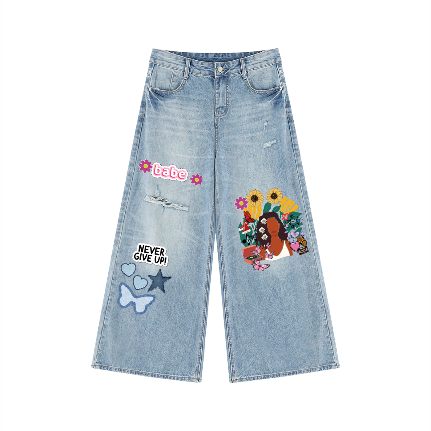 Colorful Afro Art  Themed Graphic Women's Vintage Wash Distressed Wide Leg Jeans