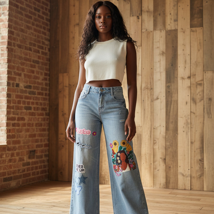 Colorful Afro Art  Themed Graphic Women's Vintage Wash Distressed Wide Leg Jeans ODMPOD