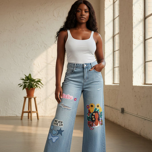 Colorful Afro Art  Themed Graphic Women's Vintage Wash Distressed Wide Leg Jeans ODMPOD