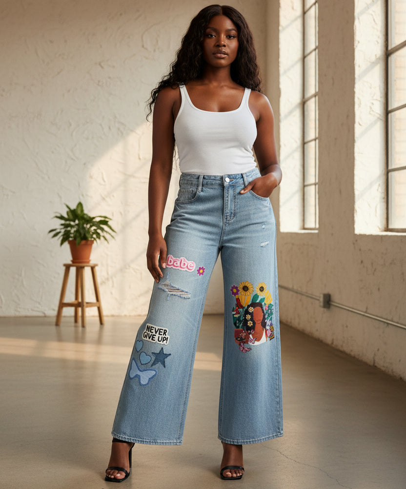 Colorful Afro Art  Themed Graphic Women's Vintage Wash Distressed Wide Leg Jeans ODMPOD