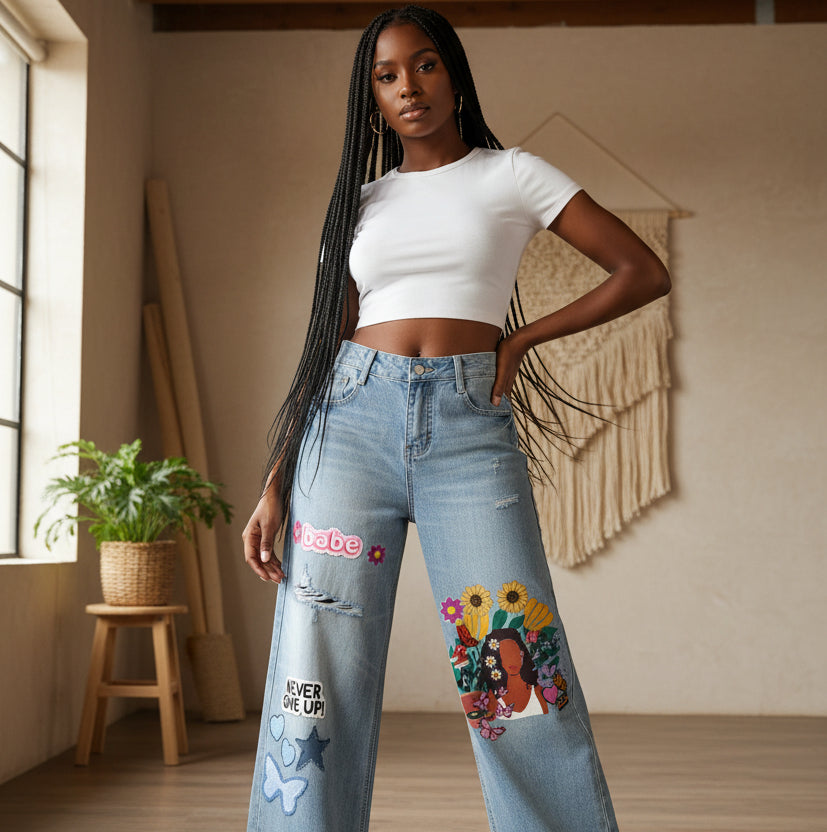Colorful Afro Art  Themed Graphic Women's Vintage Wash Distressed Wide Leg Jeans ODMPOD