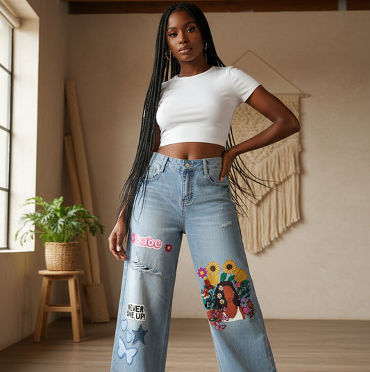 Colorful Afro Art  Themed Graphic Women's Vintage Wash Distressed Wide Leg Jeans