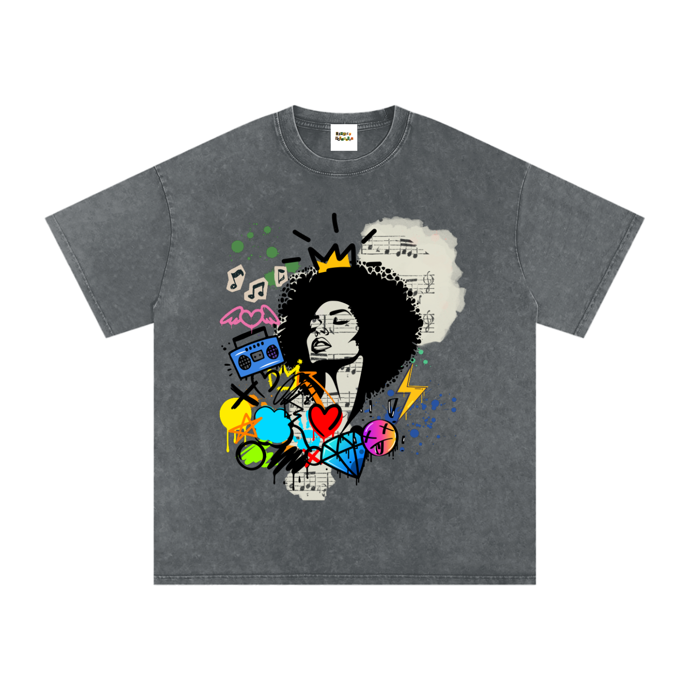 Graffiti Black Musician Art Unisex Snow Washed Oversized Cotton T-Shirt