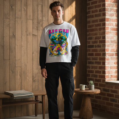 Graphic Alien Art Unisex Layered Contrast Sleeve Cotton T-Shirt