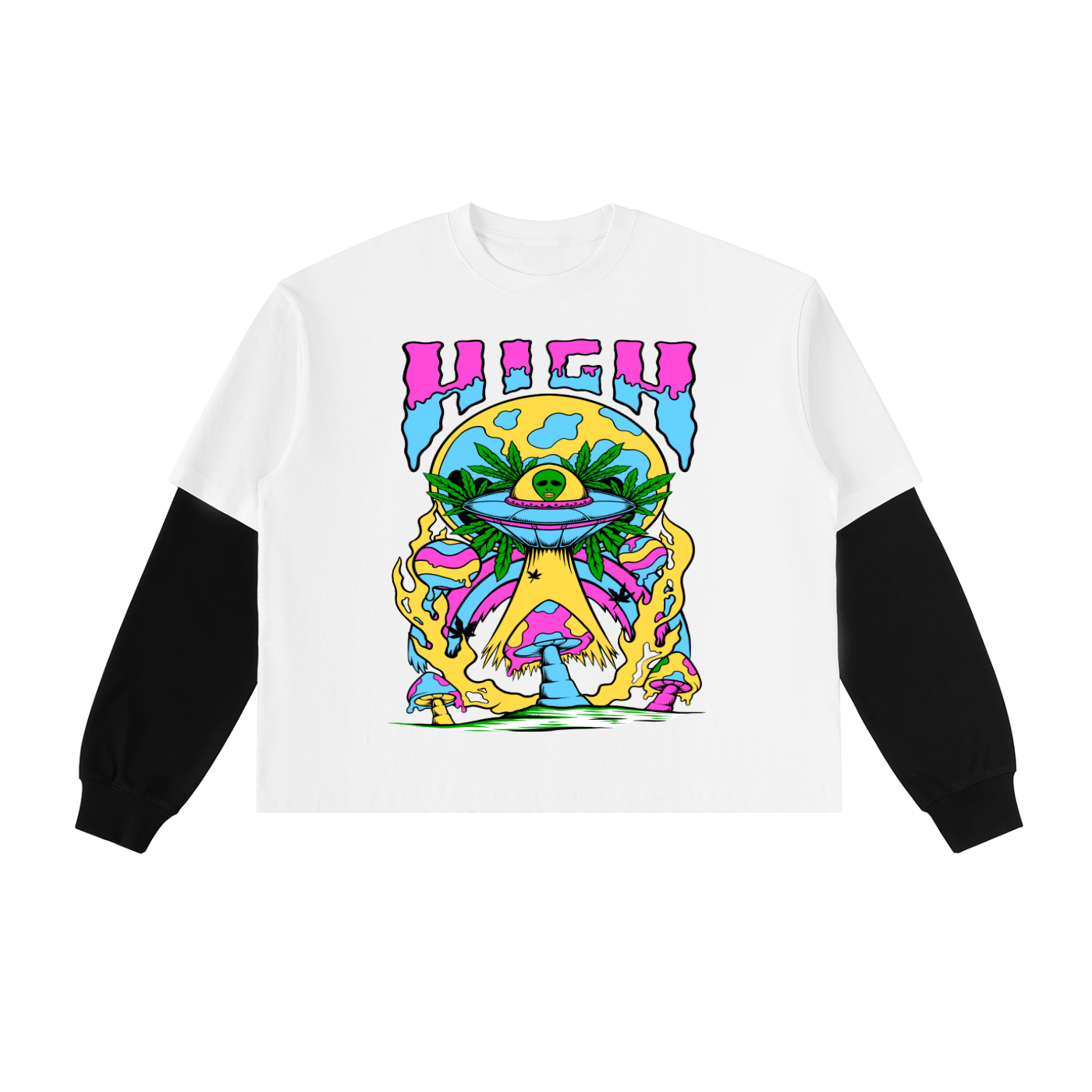 Graphic Alien Art Unisex Layered Contrast Sleeve Cotton T-Shirt