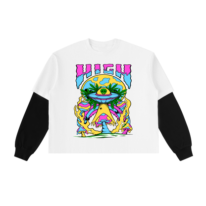 Graphic Alien Art Unisex Layered Contrast Sleeve Cotton T-Shirt