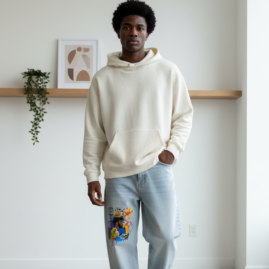 Men’s Vintage-Wash Sunfaded Barrel-Leg Jeans Featuring DJ Graffiti Graphic Art ODMPOD