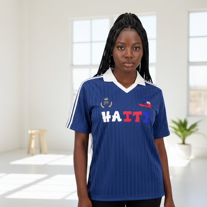 Haiti Flag Themed Graphic Contrast Collar Striped Soccer Jersey