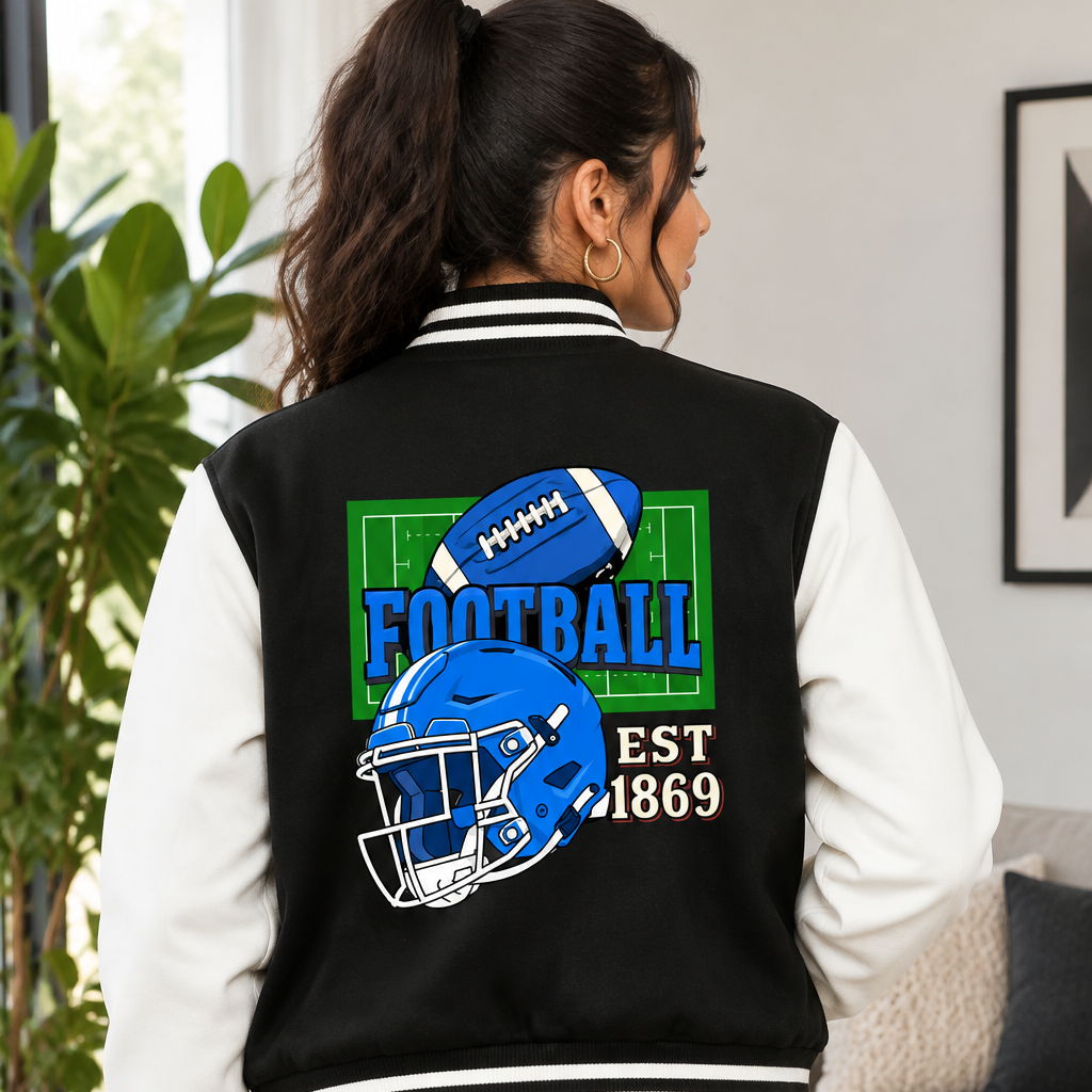 American Football Themed Graphic Two-Tone Fleeced Varsity Unisex Jacket