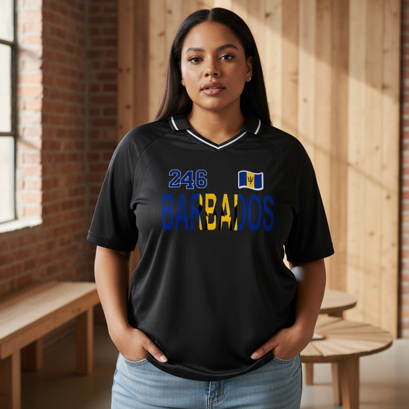 Barbados Flag Themed Graphic Striped V-Neck Unisex Soccer Jersey