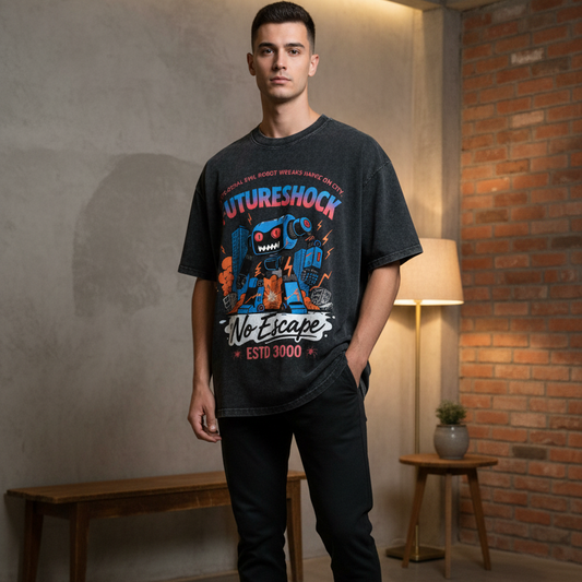 Future Robot Dystopia Graphic Snow Washed Oversized Cotton Unisex T-Shirt