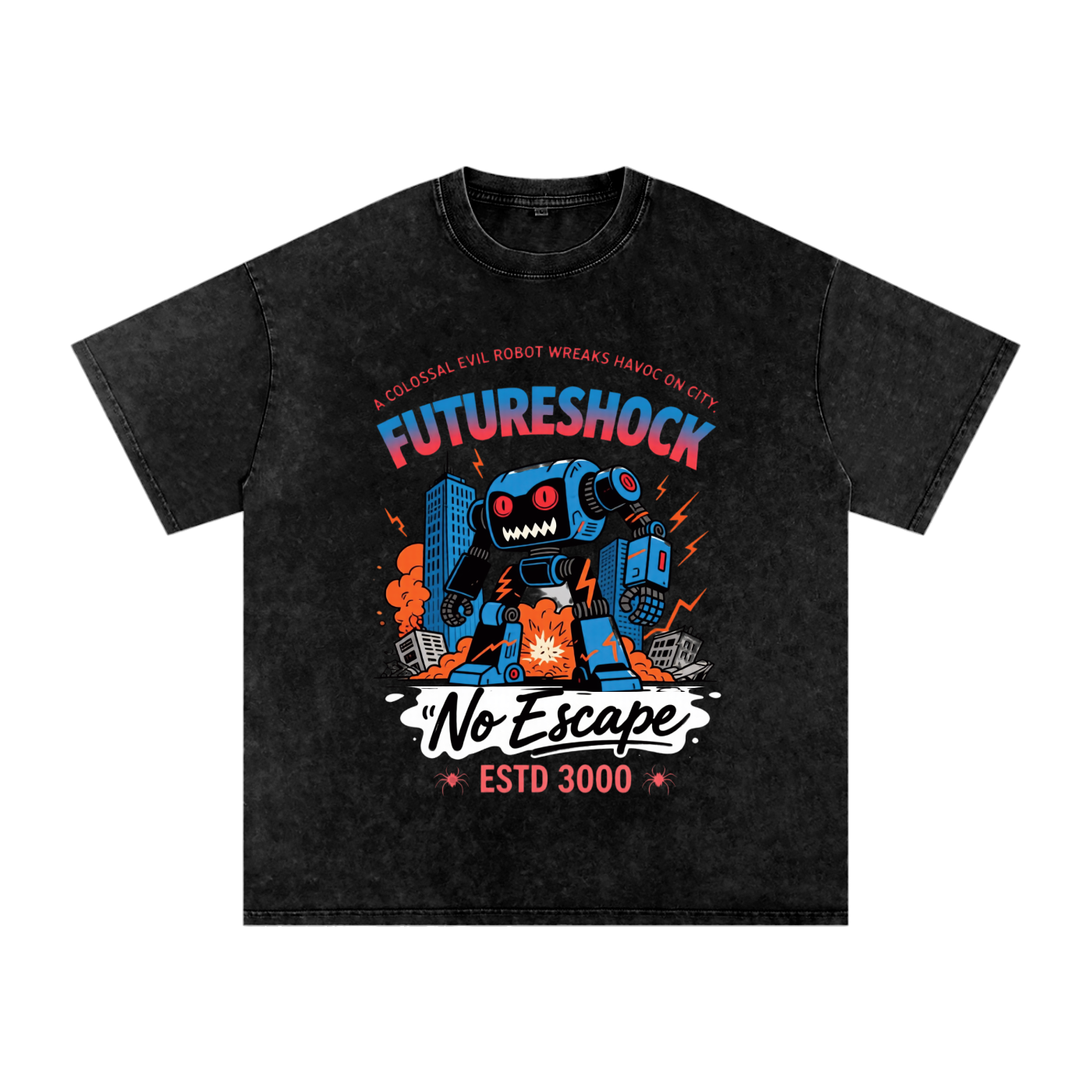 Future Robot Dystopia Graphic Snow Washed Oversized Cotton Unisex T-Shirt