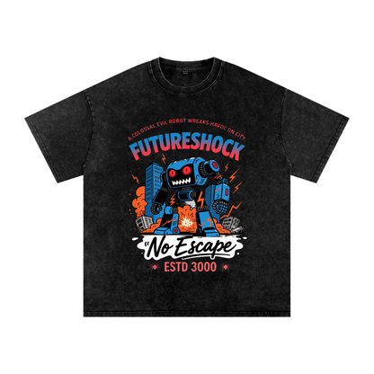 Future Robot Dystopia Graphic Snow Washed Oversized Cotton Unisex T-Shirt