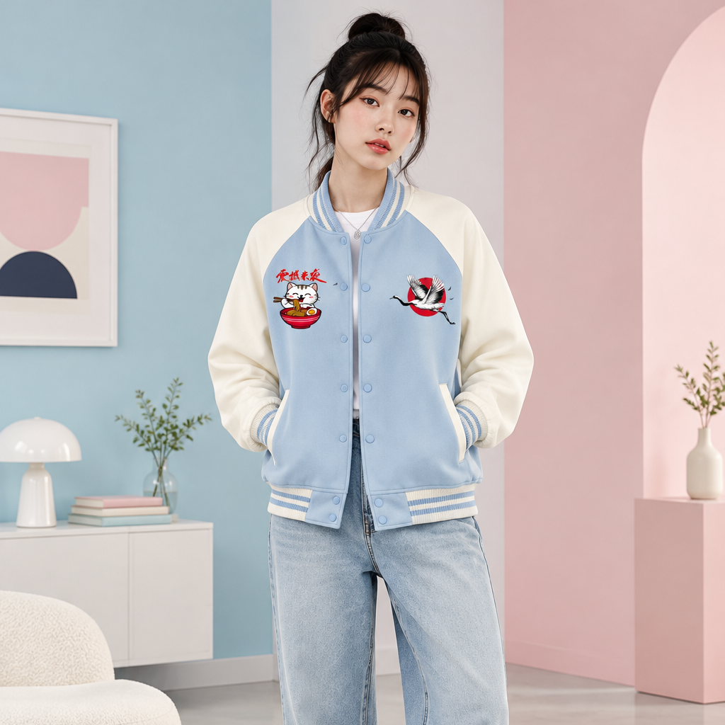 Foodie Themed Graphic Two Tone Raglan Sleeve Varsity  Unisex Jacket