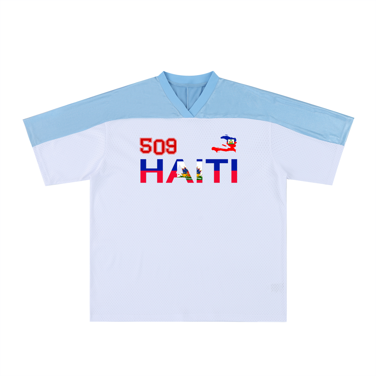Oversized Unisex V-Neck Soccer Jersey Featuring a Haiti Flag-Inspired Mesh Design